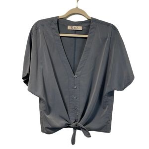 Lyn Burches Blue Chambray Style Button Up Tie Front Top Medium